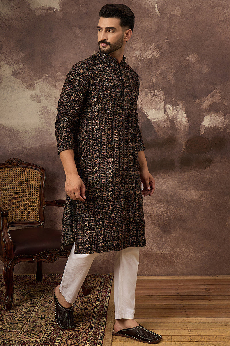 Black Viscose Rayon Embroidered Mandarin Collar Straight Kurta MKU1405