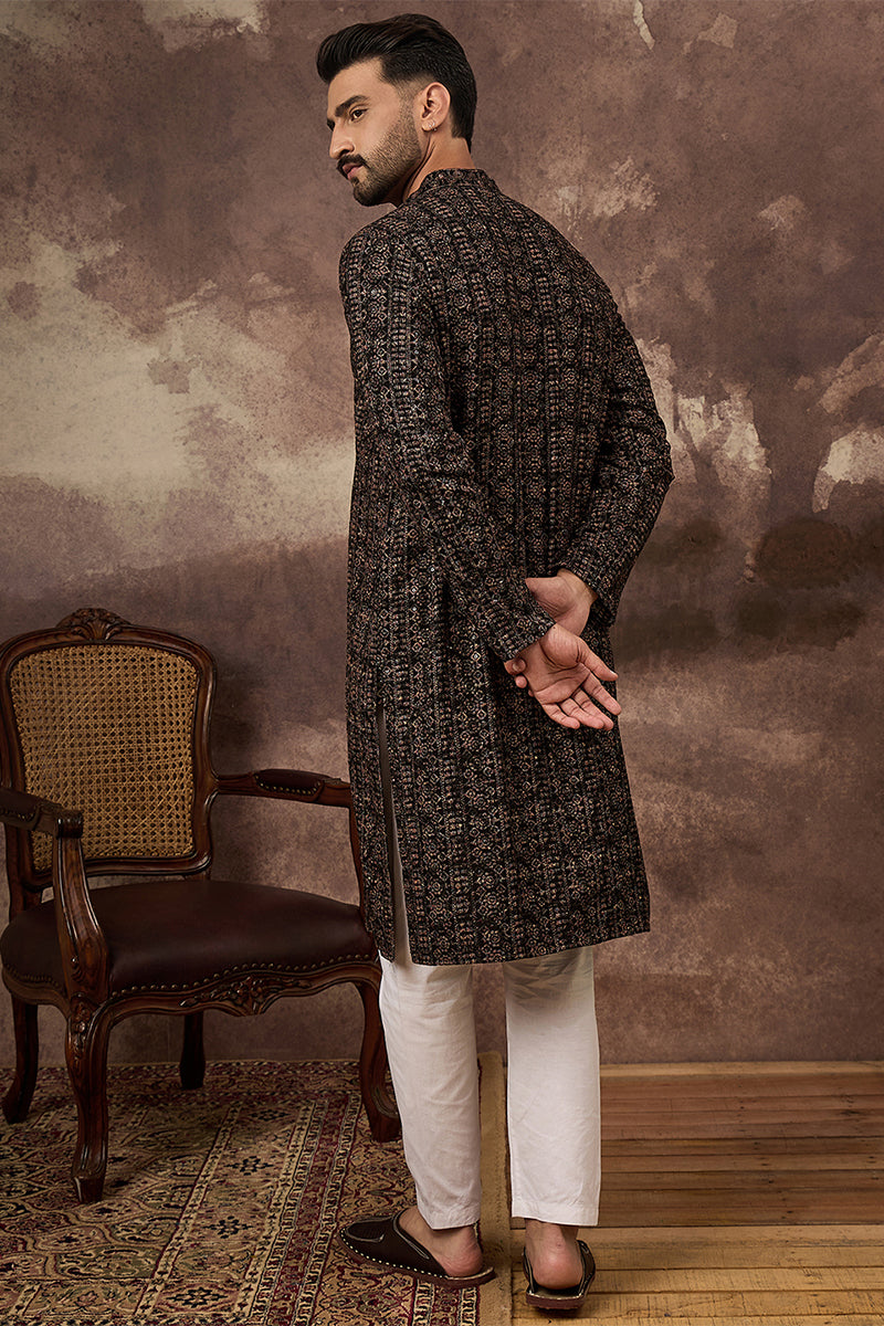 Black Viscose Rayon Embroidered Mandarin Collar Straight Kurta MKU1405