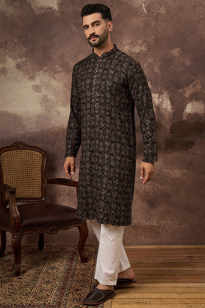 Black Viscose Rayon Embroidered Mandarin Collar Straight Kurta MKU1405