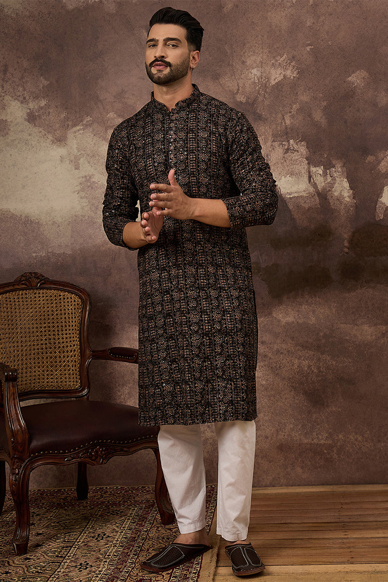 Black Viscose Rayon Embroidered Mandarin Collar Straight Kurta MKU1405