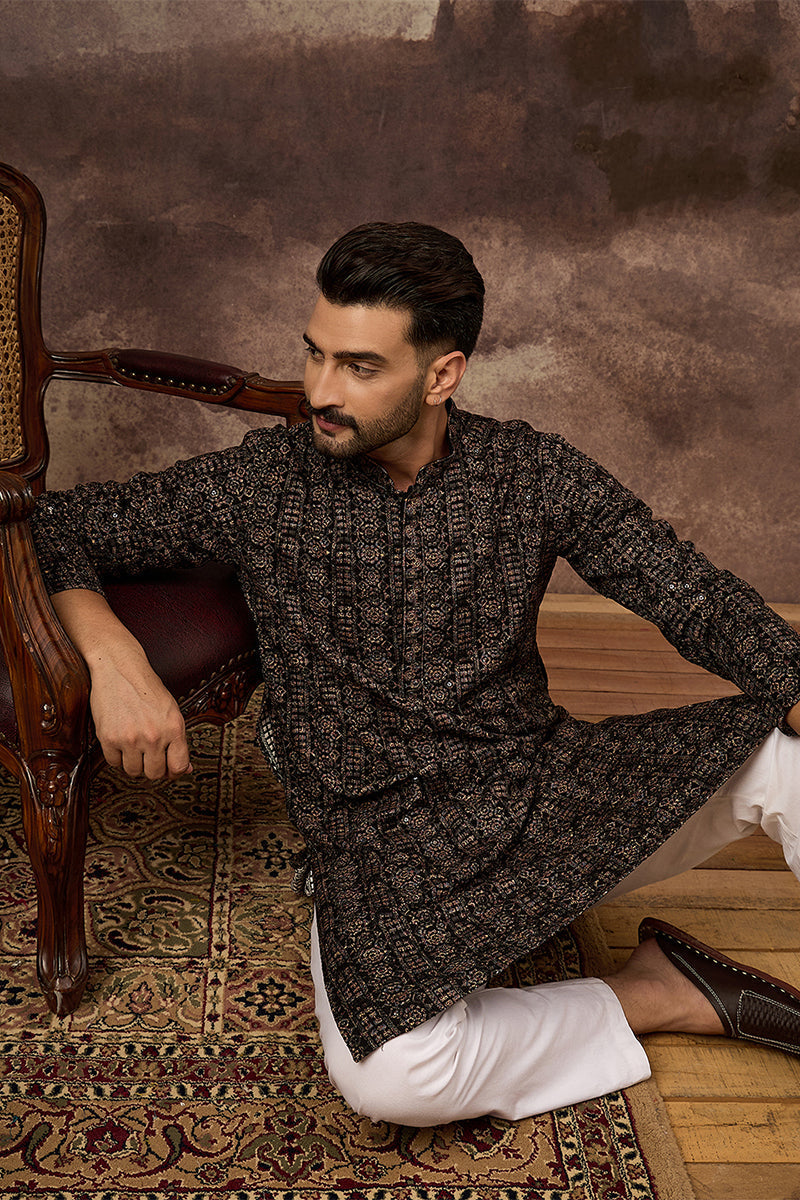 Black Viscose Rayon Embroidered Mandarin Collar Straight Kurta MKU1405