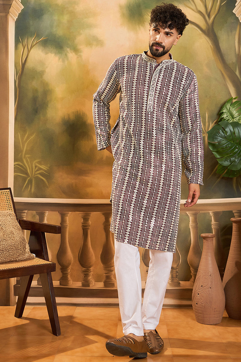 Purple Viscose Rayon Embroidered Kurta With Trousers MKSET1409