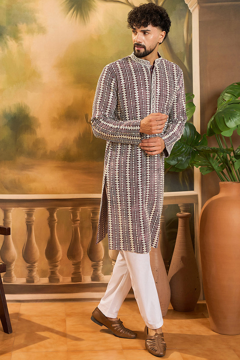 Purple Viscose Rayon Embroidered Kurta With Trousers MKSET1409