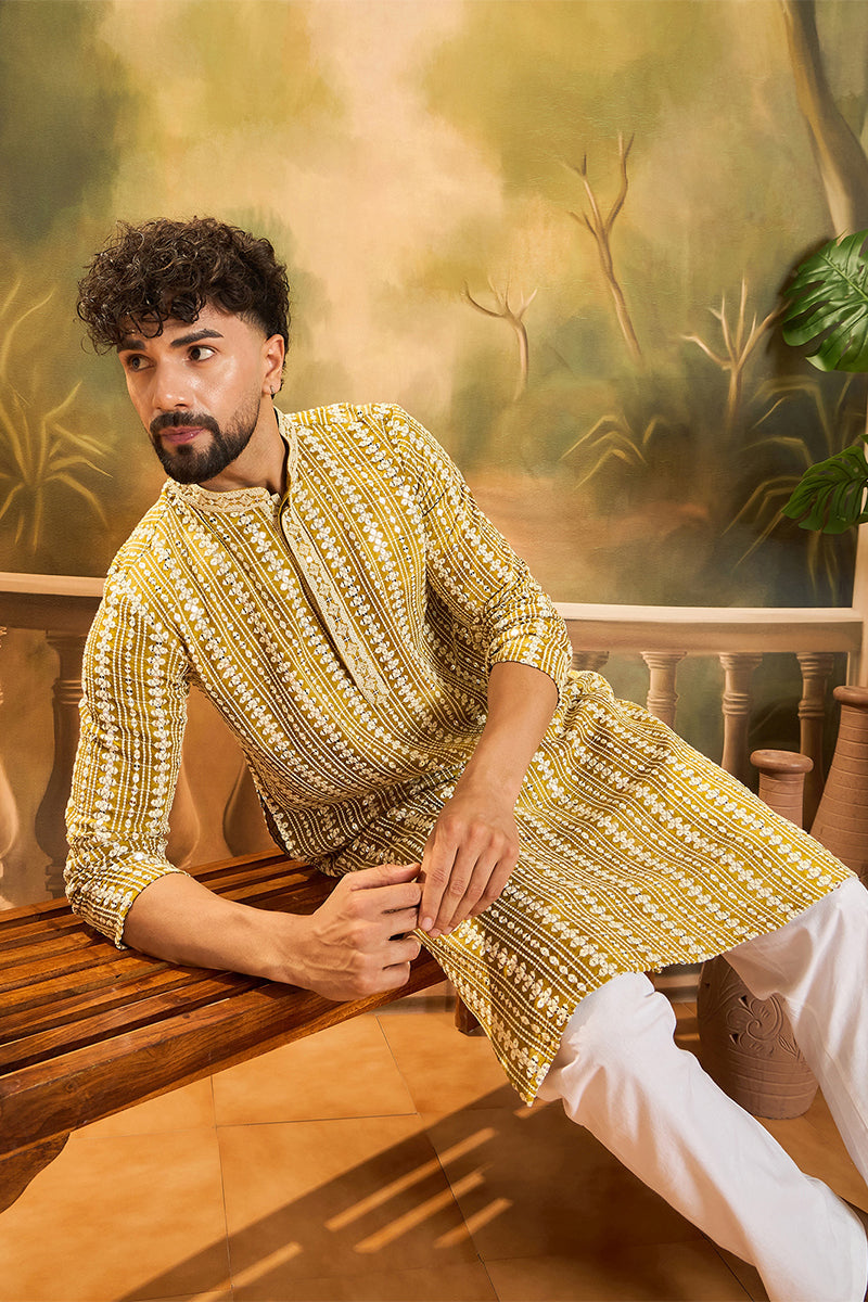 Mustard Viscose Rayon Embroidered Kurta With Trousers MKSET1410