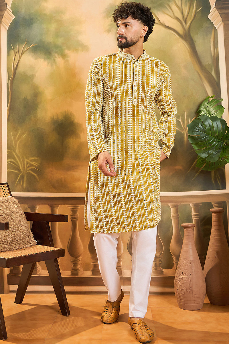 Mustard Viscose Rayon Embroidered Kurta With Trousers MKSET1410
