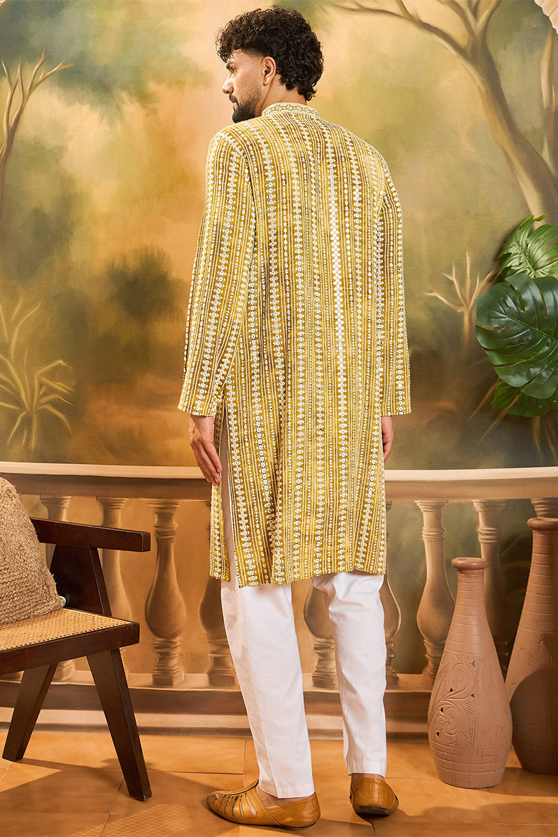 Mustard Viscose Rayon Embroidered Kurta With Trousers MKSET1410