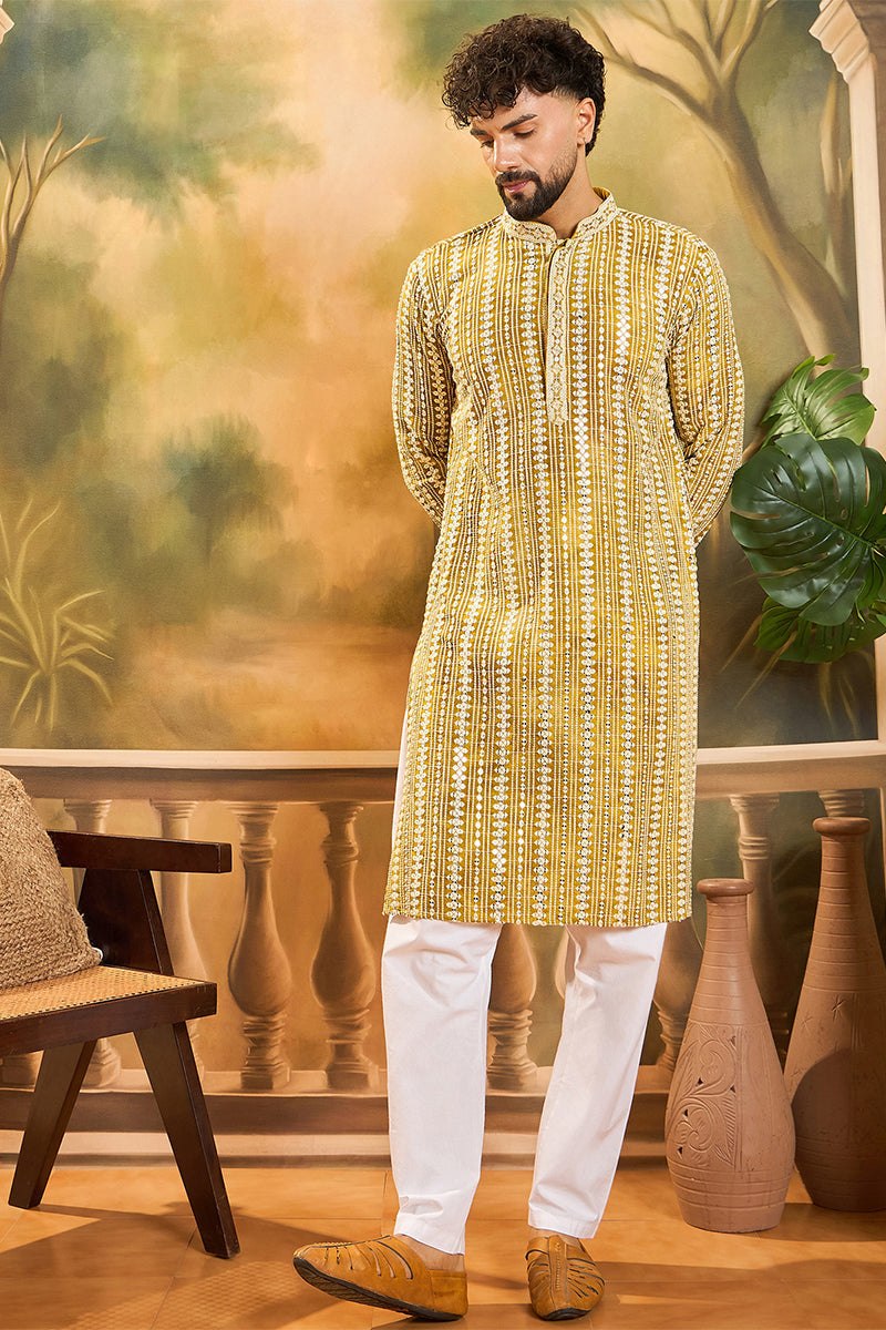 Mustard Viscose Rayon Embroidered Straight Kurta MKU1410