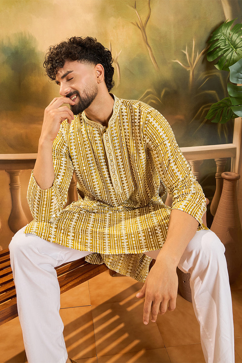 Mustard Viscose Rayon Embroidered Kurta With Trousers MKSET1410