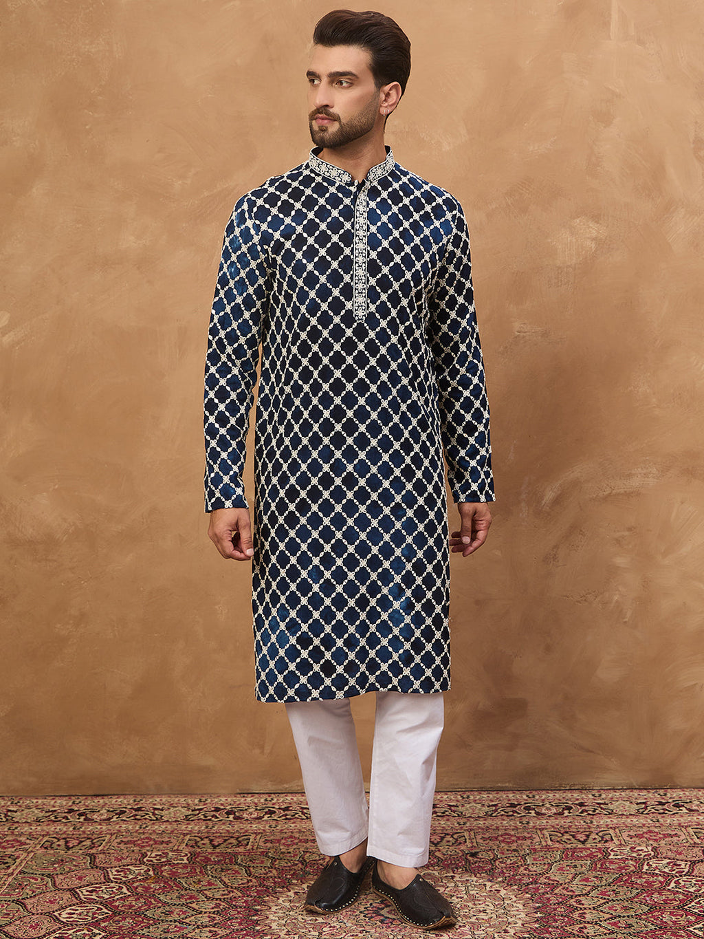 Men Blue Viscose Rayon Shibori Embroidered Straight Kurta-MKU1414