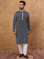 Men Blue Viscose Rayon Shibori Embroidered Straight Kurta-MKU1414