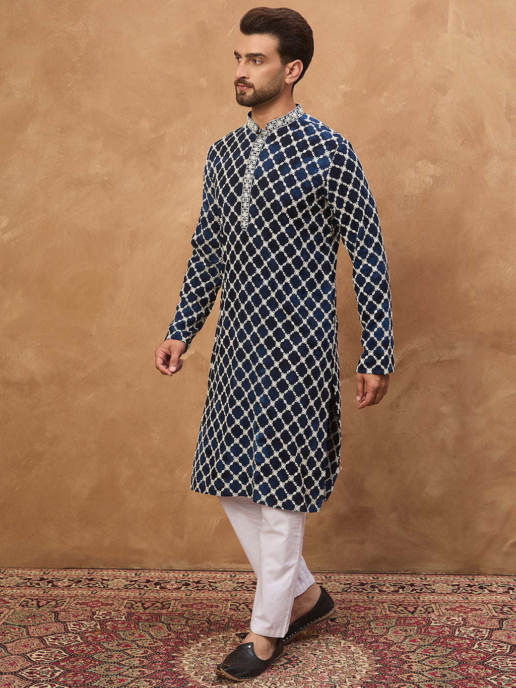Men Blue Viscose Rayon Shibori Embroidered Straight Kurta-MKU1414