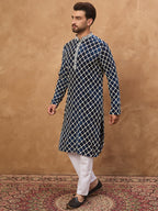 Men Blue Viscose Rayon Shibori Embroidered Straight Kurta-MKU1414