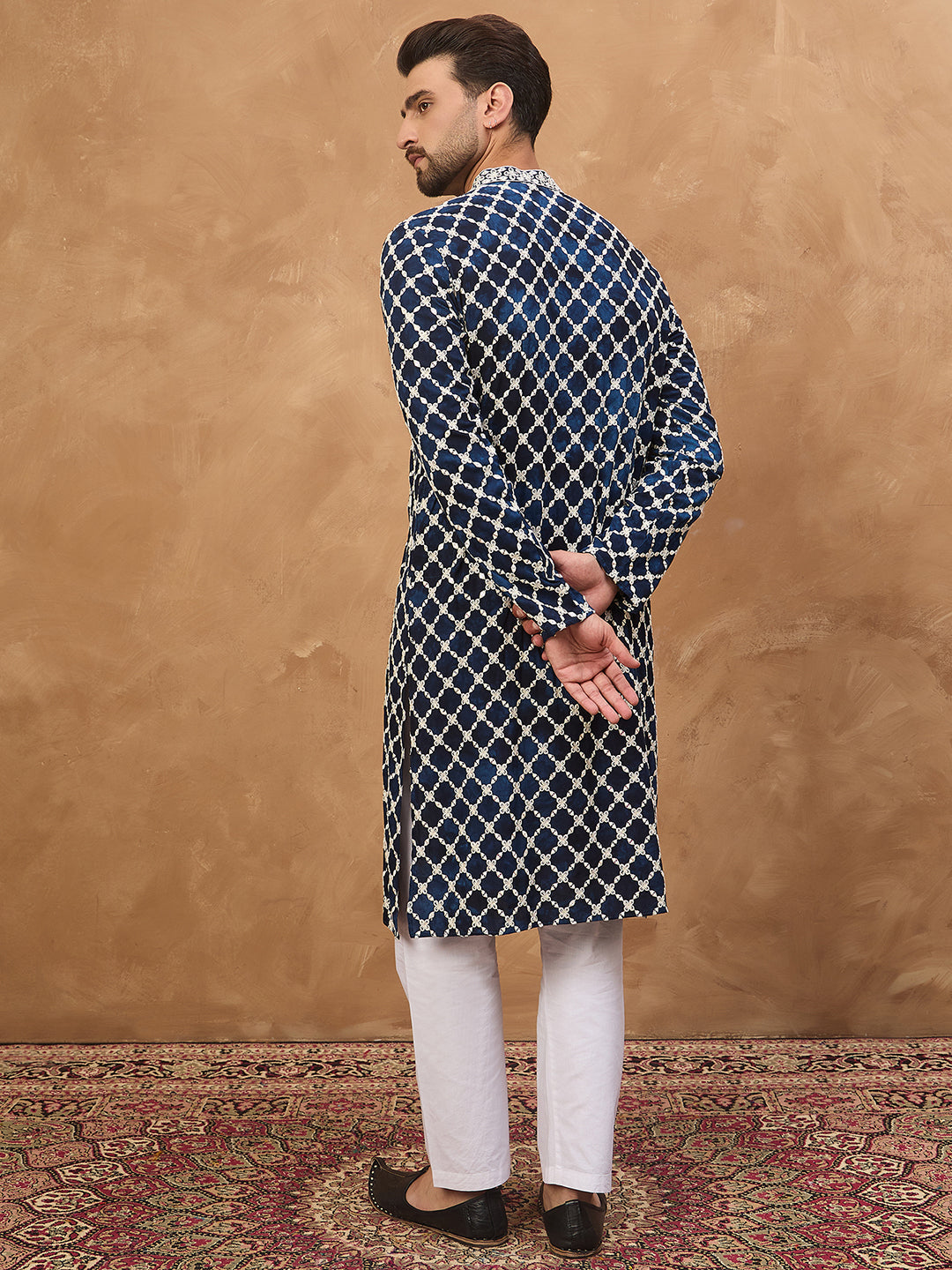 Men Blue Viscose Rayon Shibori Embroidered Straight Kurta-MKU1414