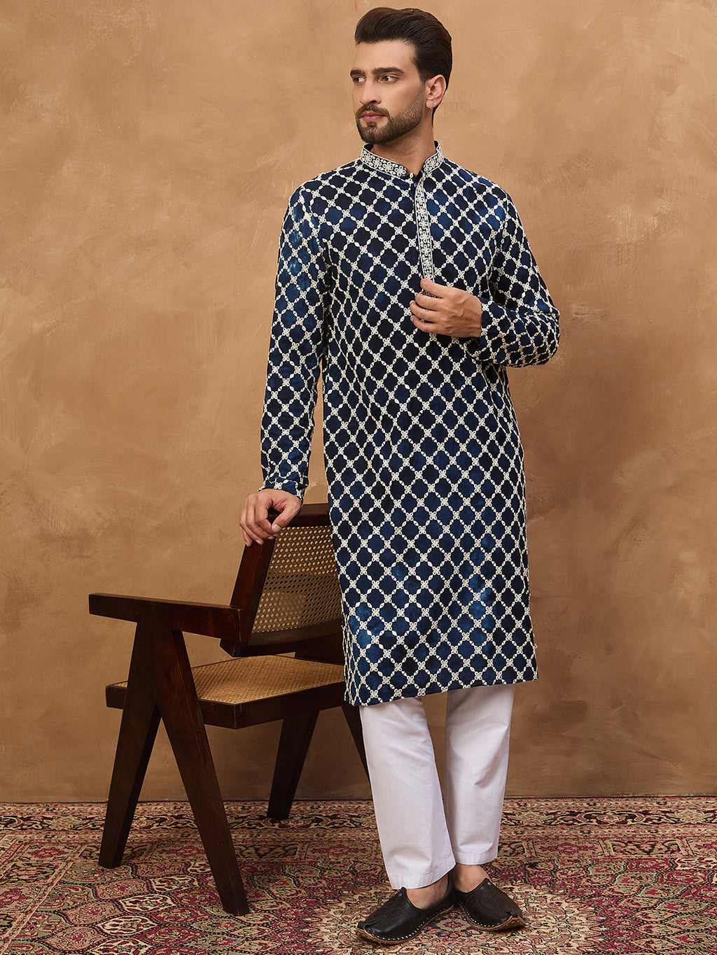 Men Blue Viscose Rayon Shibori Embroidered Straight Kurta-MKU1414