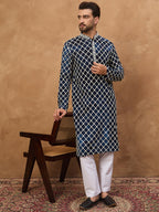 Men Blue Viscose Rayon Shibori Embroidered Straight Kurta-MKU1414