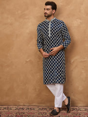 Men Blue Viscose Rayon Shibori Embroidered Straight Kurta-MKU1414