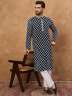 Men Blue Viscose Rayon Shibori Embroidered Straight Kurta-MKU1414