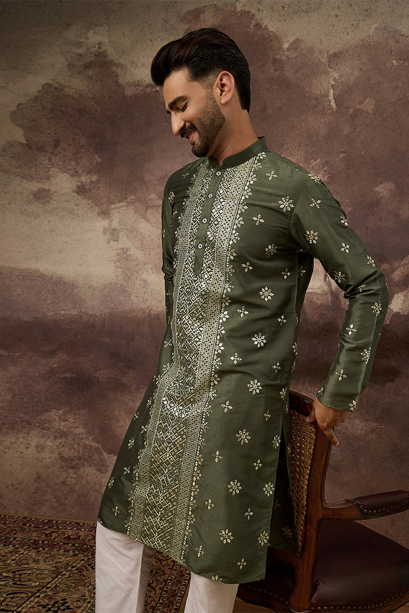 Green Silk Blend Solid Embroidered Straight Kurta MKU1419