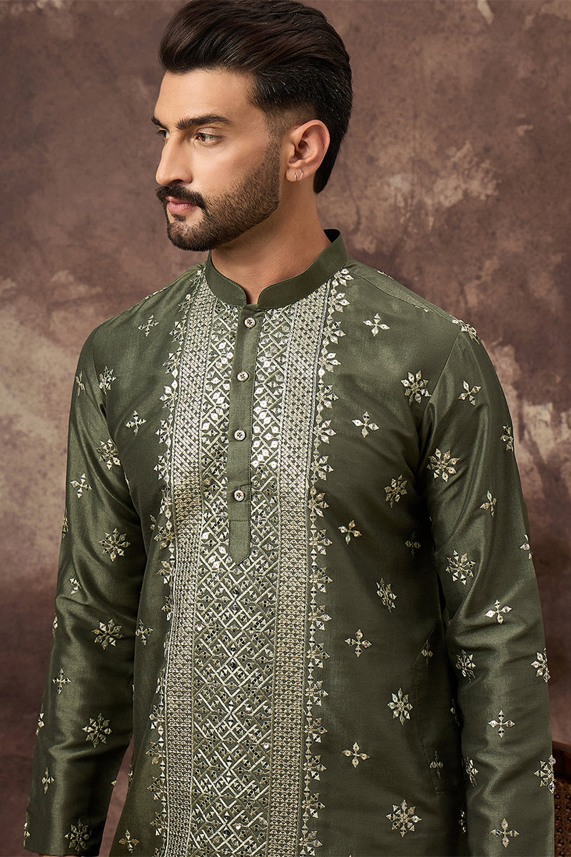 Green Silk Blend Embroidered Indian Wear for Men MKU1419 | DesiQlo