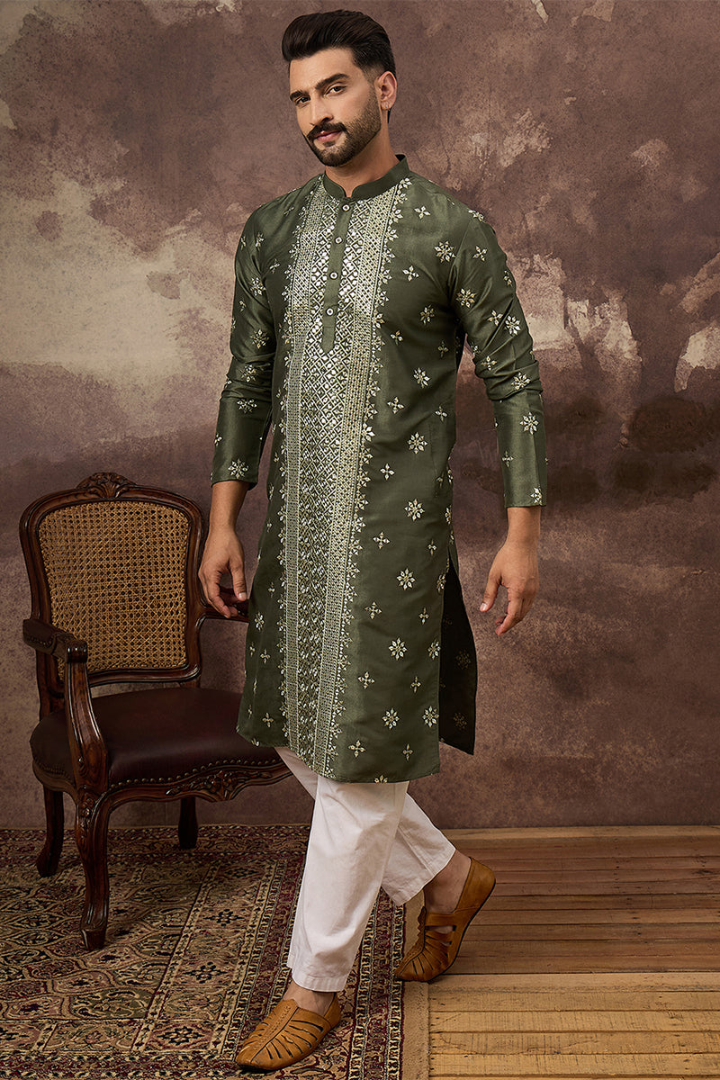 Green Silk Blend Embroidered Indian Wear for Men MKU1419 | DesiQlo