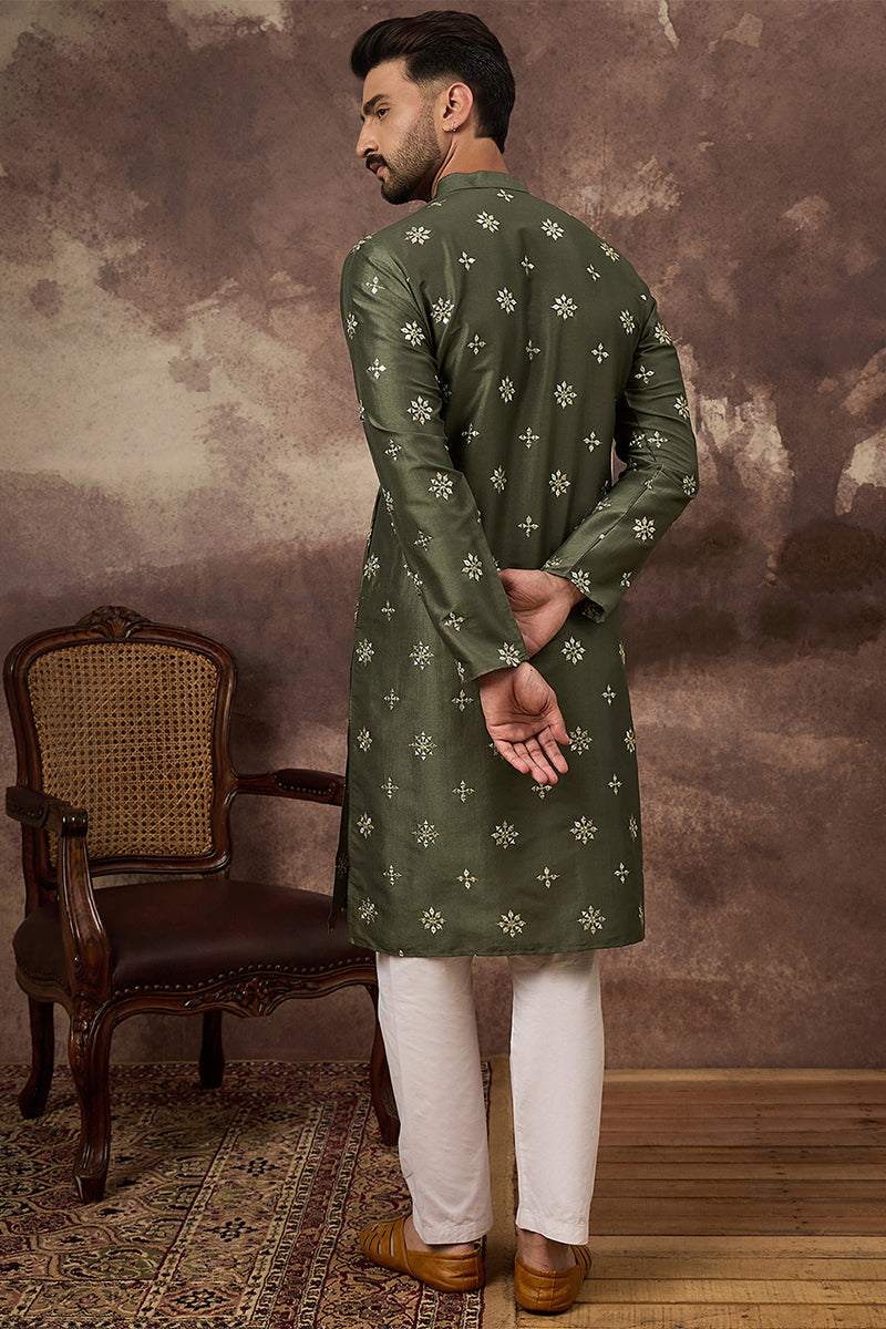 Green Silk Blend Embroidered Indian Wear for Men MKU1419 | DesiQlo
