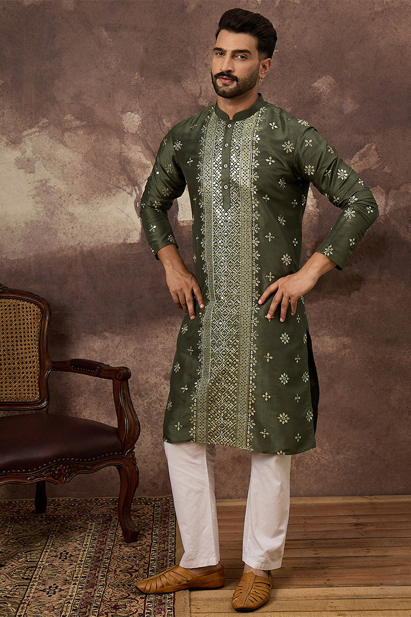 Green Silk Blend Embroidered Indian Wear for Men MKU1419 | DesiQlo