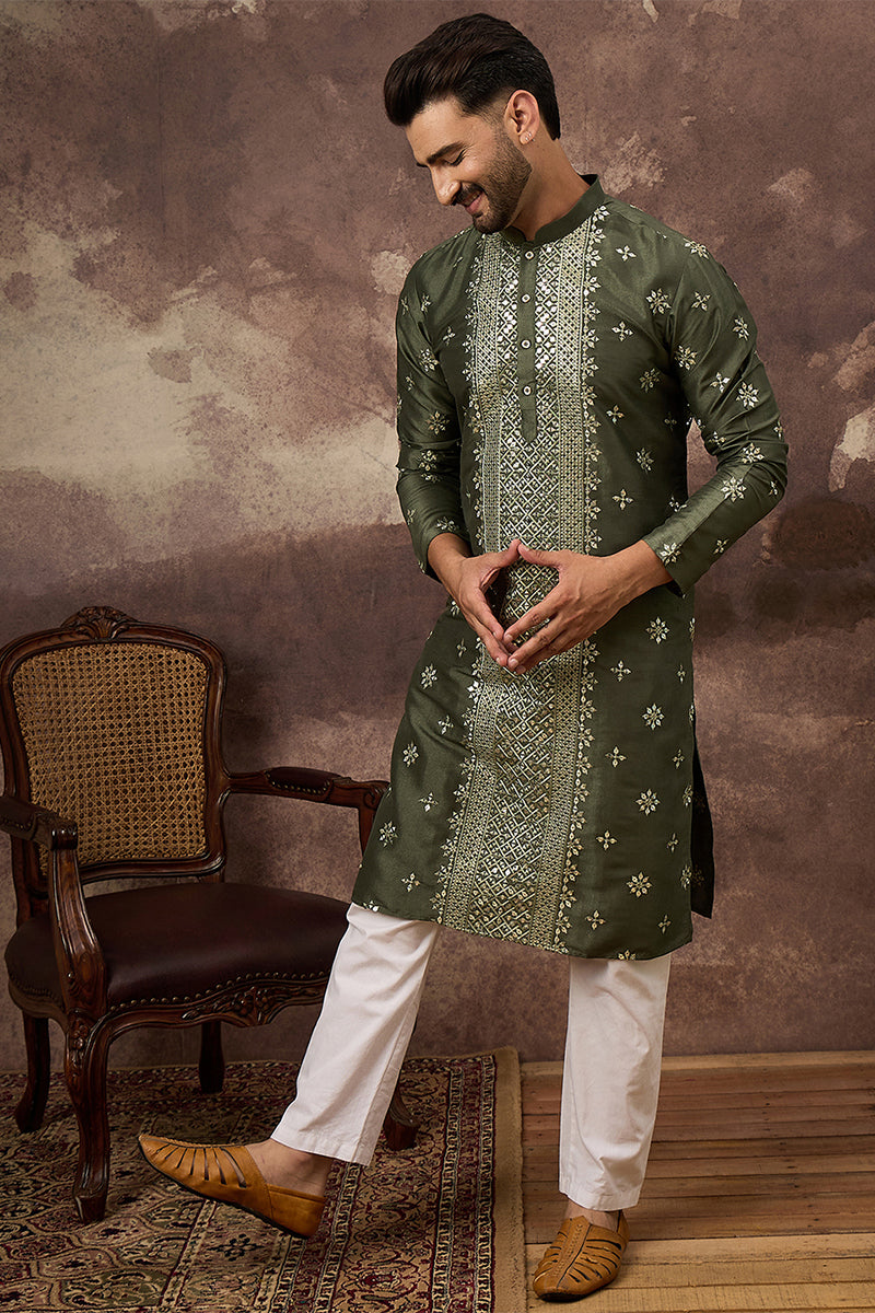 Green Silk Blend Embroidered Indian Wear for Men MKU1419 | DesiQlo