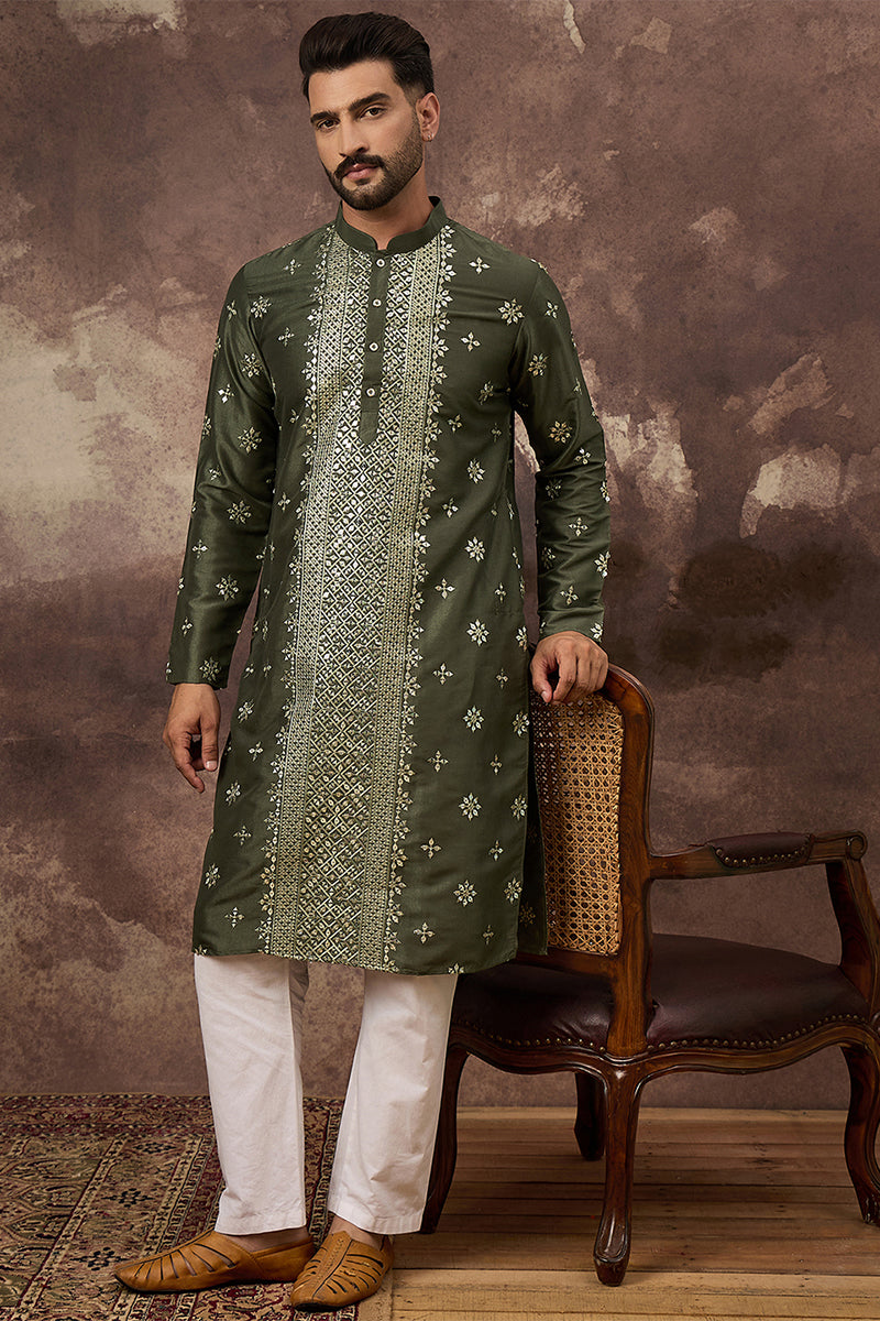 Green Silk Blend Embroidered Indian Wear for Men MKU1419 | DesiQlo