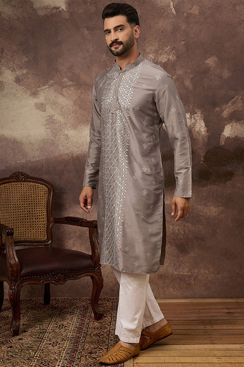Grey Silk Blend Solid Embroidered Straight Kurta MKU1420