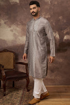 Grey Silk Blend Solid Embroidered Straight Kurta MKU1420