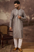 Grey Silk Blend Solid Embroidered Straight Kurta MKU1420