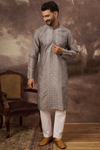 Grey Silk Blend Solid Embroidered Straight Kurta MKU1420