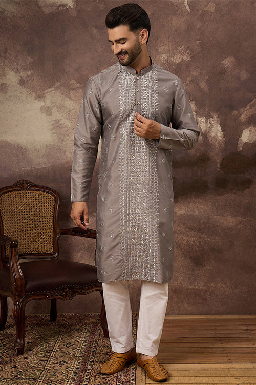 Grey Silk Blend Solid Embroidered Straight Kurta MKU1420