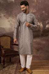 Grey Silk Blend Solid Embroidered Straight Kurta MKU1420