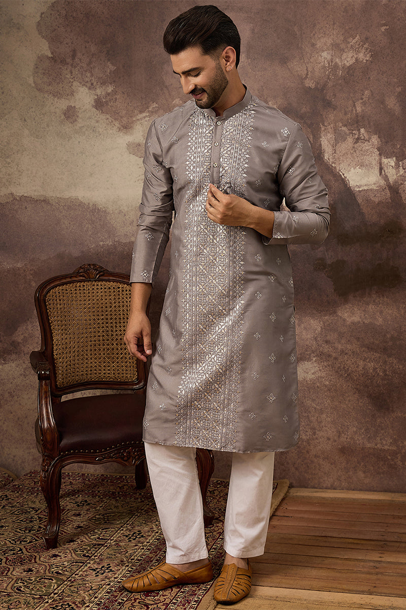 Grey Silk Blend Solid Embroidered Straight Kurta MKU1420