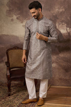 Grey Silk Blend Solid Embroidered Straight Kurta MKU1420