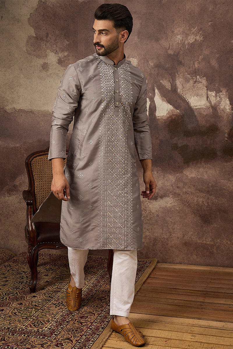 Grey Silk Blend Solid Embroidered Straight Kurta MKU1420
