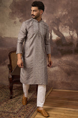 Grey Silk Blend Solid Embroidered Straight Kurta MKU1420