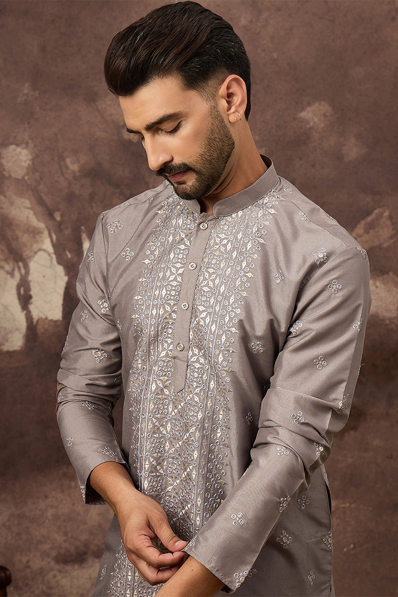 Grey Silk Blend Solid Embroidered Straight Kurta MKU1420