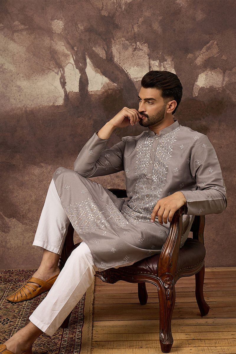 Grey Silk Blend Solid Embroidered Straight Kurta MKU1420