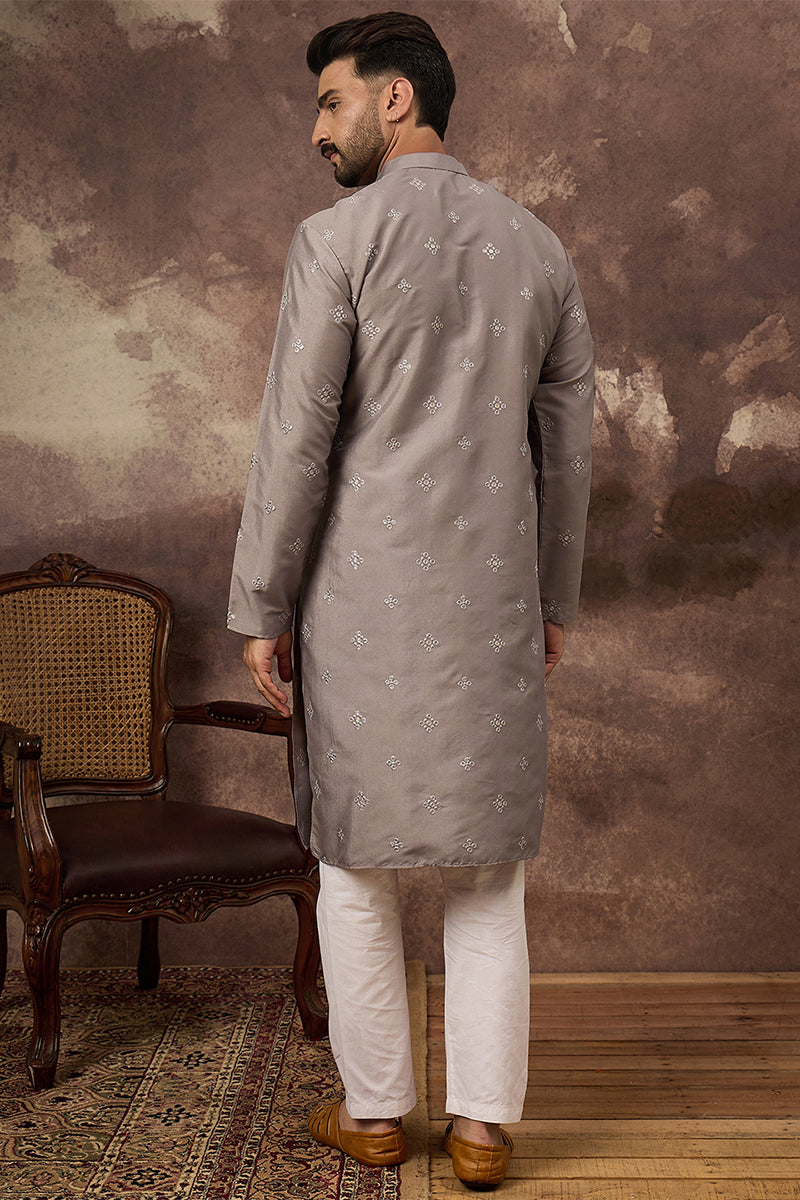 Grey Silk Blend Solid Embroidered Straight Kurta MKU1420