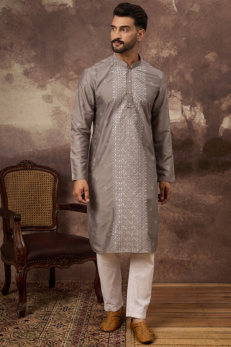Grey Silk Blend Solid Embroidered Straight Kurta MKU1420