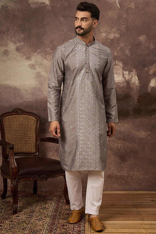 Grey Silk Blend Solid Embroidered Straight Kurta MKU1420