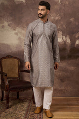 Grey Silk Blend Solid Embroidered Straight Kurta MKU1420