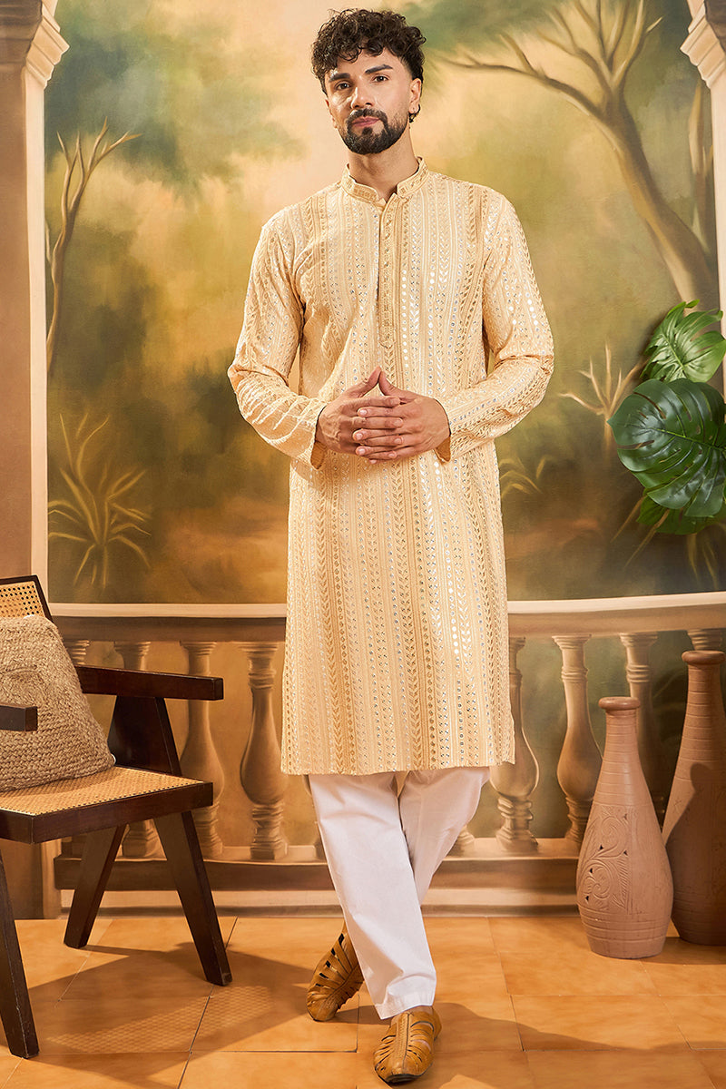 Cream Viscose Rayon Solid Embroidered Straight Kurta MKU1430