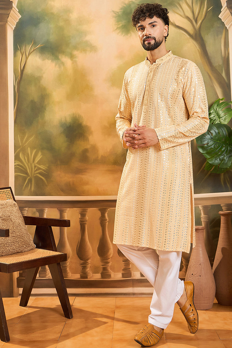 Cream Viscose Rayon Solid Embroidered Straight Kurta MKU1430