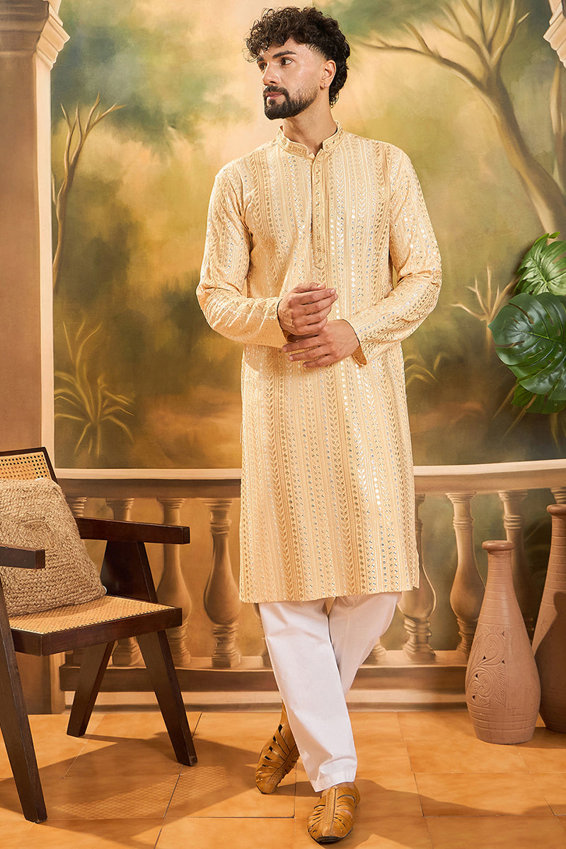 Cream Viscose Rayon Solid Embroidered Straight Kurta MKU1430