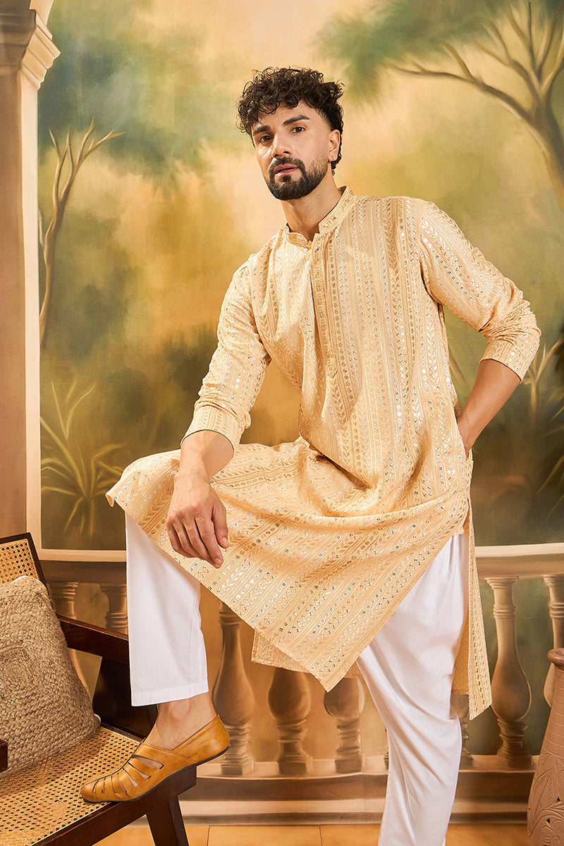 Cream Viscose Rayon Solid Embroidered Straight Kurta MKU1430