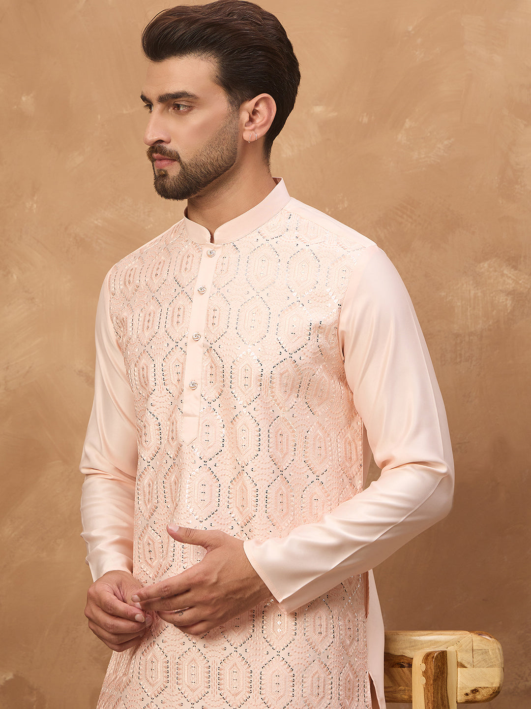 Men Peach Silk Blend Solid Embroidered Straight Kurta-MKU1431
