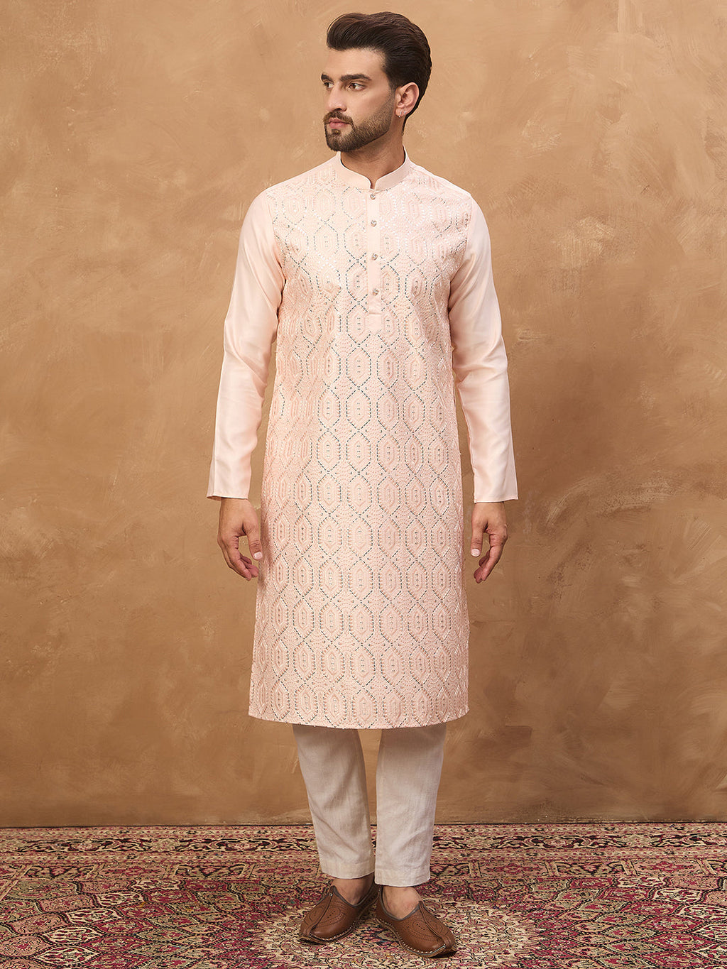 Men Peach Silk Blend Solid Embroidered Straight Kurta-MKU1431